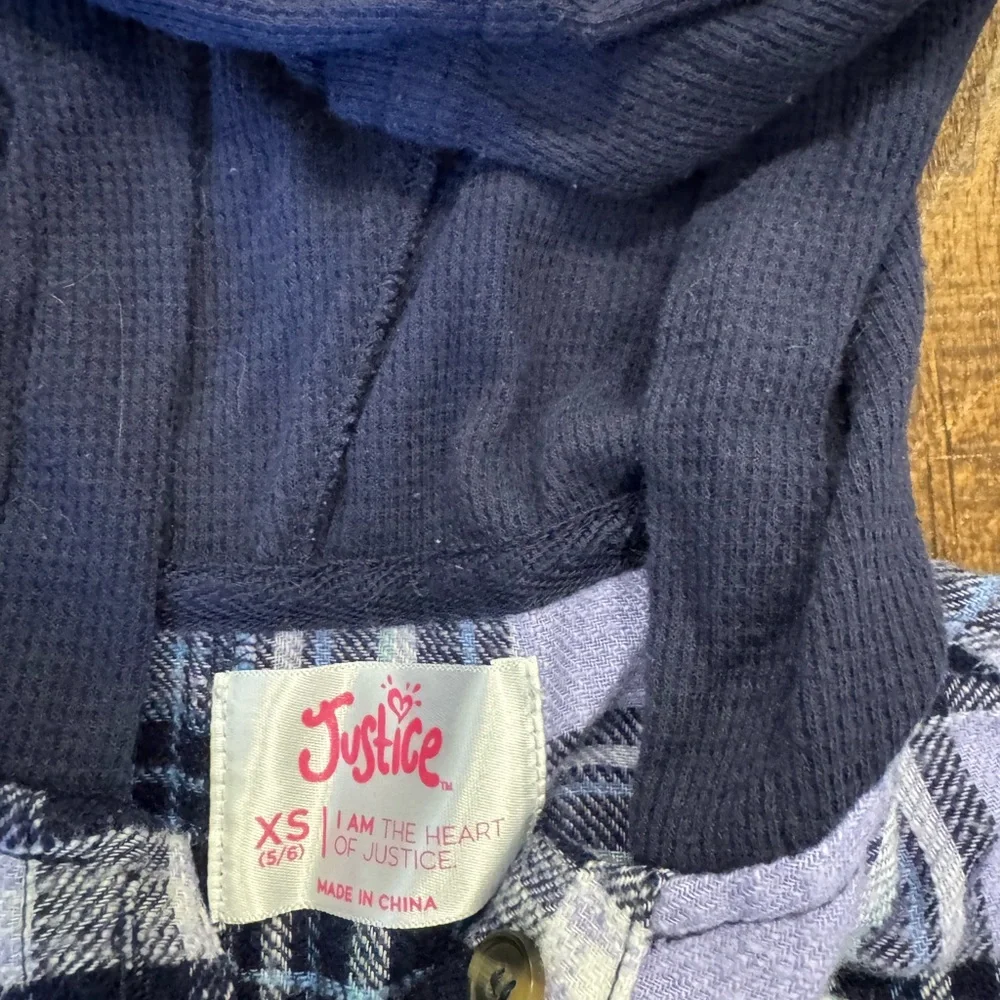 Justice girls purple plaid button down flannel with hood